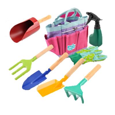 China Garden Customized Colorful Gardening DIY Tools For Kids Included 5pcs Tool With Wooden Hand And Storage Bag for sale