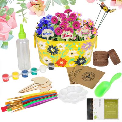 China Cartoon Amazon Selling Paint And Plant Horticulture Kit With Yellow Iron Planter For Kids In Stock for sale