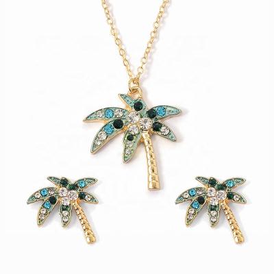 China TRENDY Coconut Tree Leaf Necklace Earring Set Fashion Green Zircon Charm Breaks Dangle Women's Party Jewelry for sale