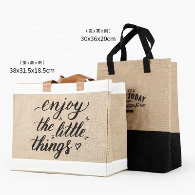 China Reclycled Handbag Jute Grocery Tote Bags Reusable Burlap Jute Eco Friendly Bag With Leather Handle for sale