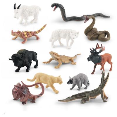 China Wildlife Animal Model Toys 12 PCS Mini Buffalo Raccoon Wolf Snake Cougar Figurine Family Party Favors for sale