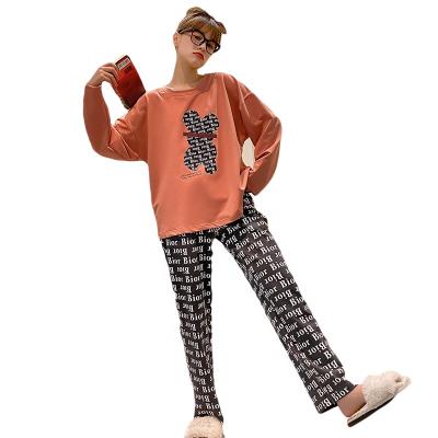 China Shunvfang Summer QUICK DRY 100% Cotton Sleepwear Round Neck Home Wear Cute Cartoon Printing Women Long Sleeve Pajamas for sale