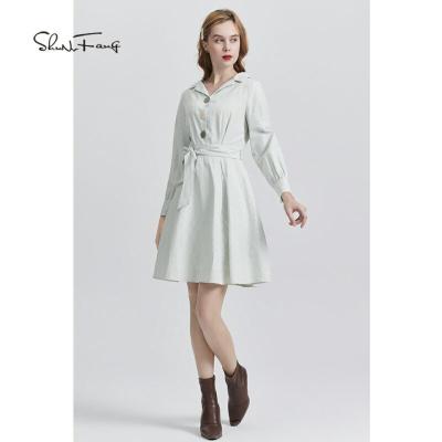 China Summer Anti-Static Plain Dresses Lady Casual Clothing V-Neckline Long Sleeve With Sash Dresses for sale