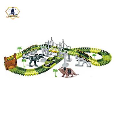 China Slot Toy Amazon Slot Car Race Track Sets Dinosaur Toys With 142 Pieces Flexible Tracks 2 Dinosaurs for sale