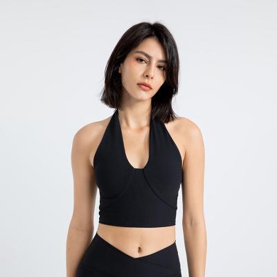 China Breathable Halter Neck Sports Bra For Lounge Padded Top Women Backless Yoga Workout Running Crop Bralettes With Support for sale