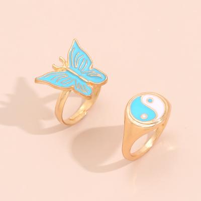 China 2021 Autumn New 2Pcs/Set Arrived Tai Chi Gossip Ring Women's 18K Gold Environmental Friendly Filled Blue Butterfly Knuckle Ring Jewelry Set for sale