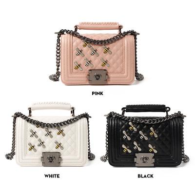 China With High Quality USB Square Shape PU Pink Black Cross - Body Bag Women Fashion Leather Link Chain Stamped Bees Shoulder Bag For Girls for sale