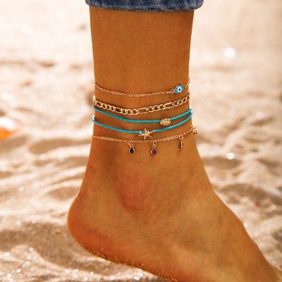 China Crystal Devil Eyes Anklet Gold Boho Cuban Chain Anklet 5Pcs /Set Multicolor Rhinestone Rope Starfish Nickel Free Anklet Chain for sale