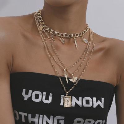 China Best Selling Environmentally Friendly Multilayer Silver Lock Choker 18K True Gold Plated Cuban Chain Angel Cross Necklace Cross Necklace for sale