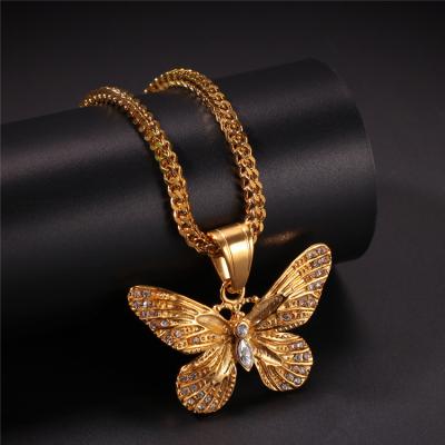 China Real Environmental Friendly Butterfly Pendant Necklace Gold Plated Stainless Steel Pave Crystal Rhinestone Butterfly Pendant Necklace for sale