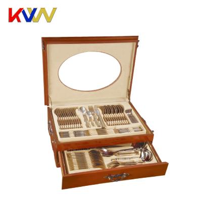 China 86PCS China Sustainable Manufacturer Royal Gold Stainless Steel Cutlery Set With Wooden Case for sale