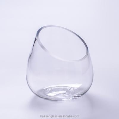 China Eco-friendy Clear Glass Slope Cut Bowl Vase / Candle Holder Tilted Clear Glass Vase for sale