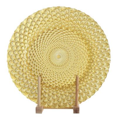 China Wholesale Viable Gold Color Shiny Glass Dinner Charger Dish Serving Tray With Embossed Fish Scale Pattern For Wedding Party for sale