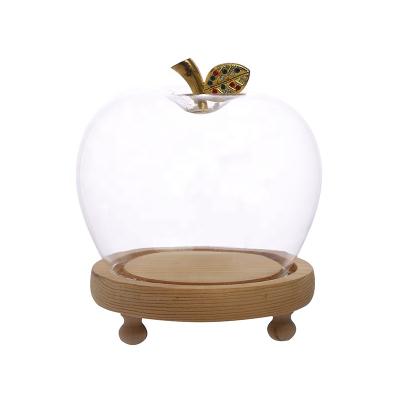 China Europe Wholesale Apple Shape Mini Glass Display Dome Cloche with Wooden Leg Base for Flower, Plant, Light, Rose, Candle Display for sale