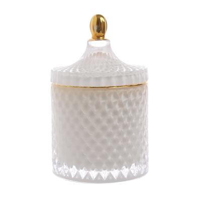 China Luxury Delicate White Glass Votive Cylinder Candle Morden Pearl Jar Holder Gold Rim With Lid For Wedding Banquet Table Decoration for sale