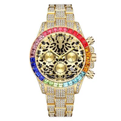 China Luxury Colorful Stone Bling Bling Full whatch Crystal Quartz Men Butterfly Buckle Stainless Steel Chronograph Water Resistant Watch for sale