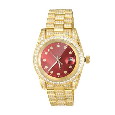 China Day/Date Relojes De Hombres Full 316L Stainless Steel 18K Gold Plating Red Dial CNC Set Zircon CZ Diamond Ided Out Watch for sale