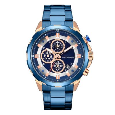 China Mettallic Blue Color 6HANDS Men's Quartz Calendar Chronograph Luxury Water Resistant Mens Watch All Stainless Steel Waterproof Watch for sale