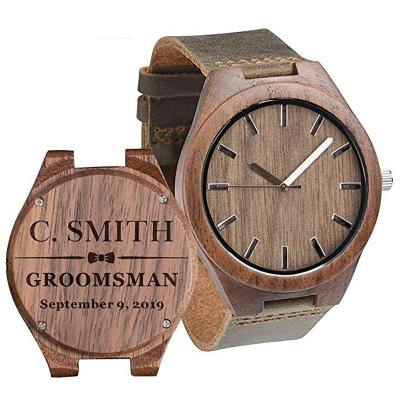 China Men Engrave Wood Watch Logo Leather Strap Mens Wooden Watch Case Japan Quartz Deep Walnut Movement Back for sale