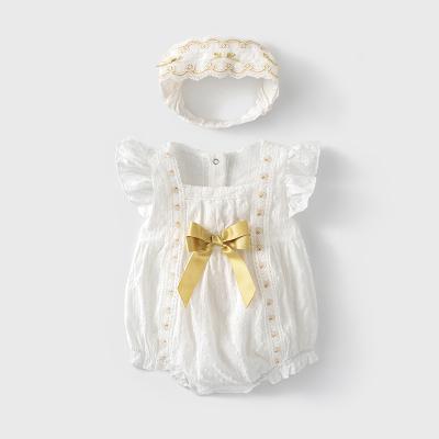 China Thin INS Summer Polyester/Cotton Kids Clothing Baby Clothes Newborn Short Sleeve Bow Baby Rompers With Headband for sale