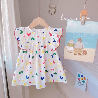 China Breathable Girls Dress 2021 Summer New Baby Love Pattern Flight Sleeve Korean Princess Dress for sale