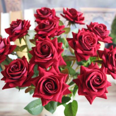 China Hot Sale Fashional PX1532 Wedding Decorative Single Stem Flower Artificial Red Velvet Roses for sale