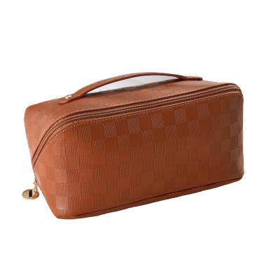 China Fashion Travel Plaid Makeup Bag Custom Logo PU Leather Waterproof Cosmetic Filter Frames For Women Toiletry Bag Organizer Toiletry Kit for sale