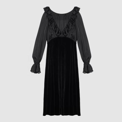 China Women's Party Dress Ladies Sexy Splicing Casual Dress Elegant Slip-back Breathable Mesh Ruffles Velvet Long Sleeve Dress for sale