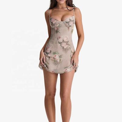 China Women's Elegant Summer Fit Slim Mini Dress Rose Print Sexy Corset Strappy Vintage Casual Fashionable Breathable Dress for sale