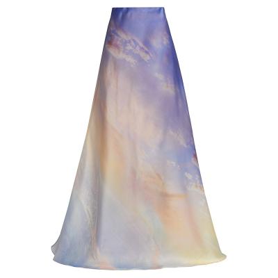 China Ladies A Line Elegant Maxi Skirt For Ladies Sky-printed Breathable Elegant Custom Made Luxury Silk Back Zipper Skirt for sale