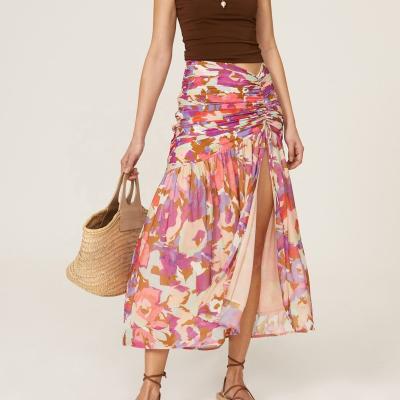 China Breathable Custom Made Ladies Printed Drawstring Pleated Yarn Side Slit Sexy Drawstring High Waist Casual Midi Skirt Summer For Women for sale