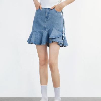 China 2023 New Women's Fashion Breathable Denim Skirt Mid Waist Washed Blue Jeans Ruffled Summer Women Midi Skirt for sale