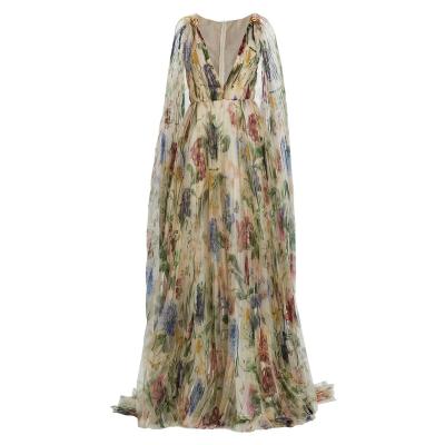 China 2023 Spring Custom Women's Breathable V Summer Custom Women's Deep Pastel Sleeveless Floral Print Tulle Shawl Party Dress for sale