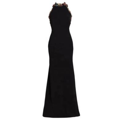 China Women's Sexy Black Even Dress Halter Neck Floral Embroidery Fitted Slim Breathable Backless Evening Mermaid Evening Dress for sale