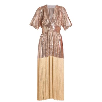 China Breathable Women's Metallic V-Neckline Shimmer Half Sleeves Midi Dress With Fringed Edge Piece Party Dress for sale