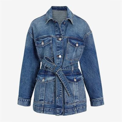 China Breathable Custom Women Stylish Casual Denim Jacket Button Down Dark Blue Jean Jacket Medium Wash Denim Jacket with Belt for sale