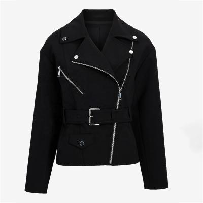 China Breathable New Design Women's Fashion Zipper Jackets Belted Twill Slim Fit Motorcycle Casual Crop Jacket Women Moto Jacket Coat for sale