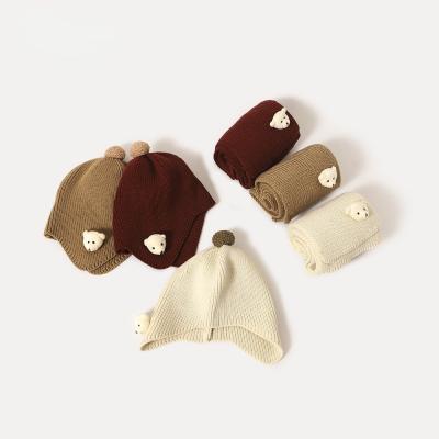 China Cute Warm Baby Bear Earflaps Knitted Hat Cartoon Scarf Hat Medium Korean Children's Hat Scarf Set Autumn And Winter for sale