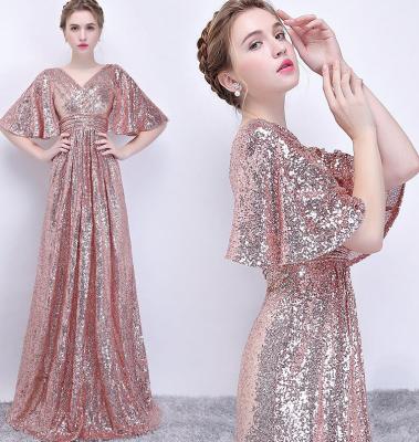 China Anti-Static Graceful Lady Shiny Sequin Evening Dress Big Sleeves Shiny Sequin Evening Dress for sale