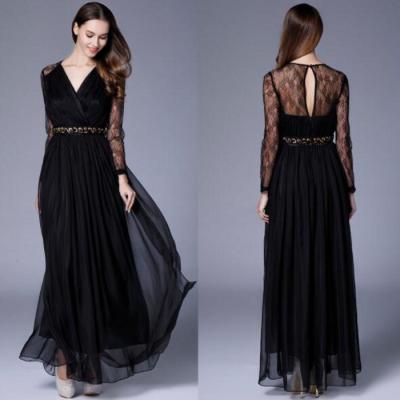 China Anti-Static Black V-Neckline Sheath Long Lace Evening Dresses Mature Women Long Sleeves Lace Up Evening Dresses for sale