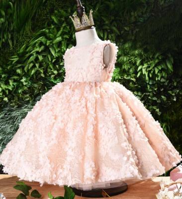 China Breathable V-Neckline 3D Rose Flower Girl Dresses Knee Length 3D Rose Flower Girl Dresses for sale