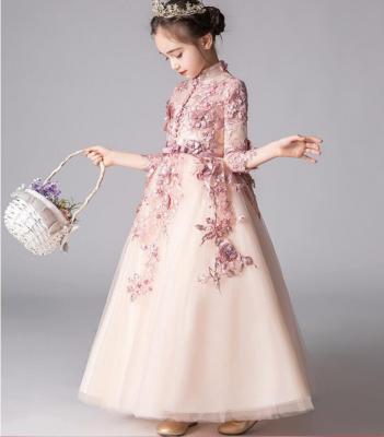 China Breathable Elegant Embroidery Buttons Girls Flower Dresses Long Sleeves Buttons Girls Flower Dresses for sale