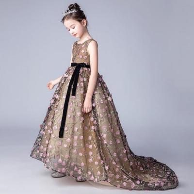 China Latest Breathable Flower Embroidery Girls Dress Black Belt Embroidery Girls Dress for sale