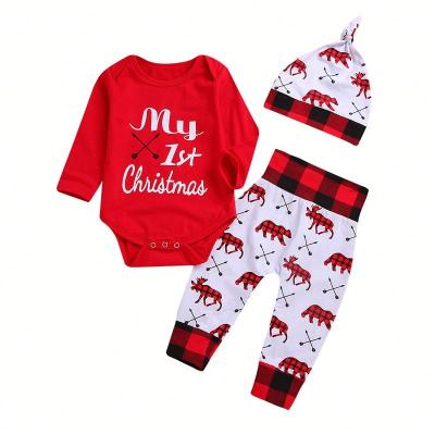 China 2020 Wholesale Polyester/Cotton Girls Christmas Romper Printed Christmas Baby Romper With Hat for sale