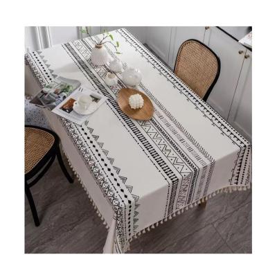 China Cotton Waterproof Linen Table Cloths Washable Dustproof Table Cover Dining Jacquard Embroidered Table Cloth With Tassel for sale