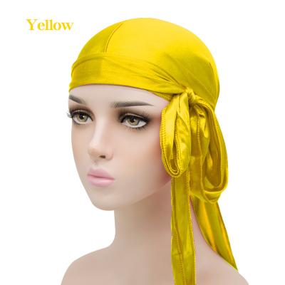 China Hot Selling Men's Multicolor Pure Color Pure Color Elastic Silk Bandanna Long Tail Bow Pirate Silky Durag Custom Unisex Hat for sale