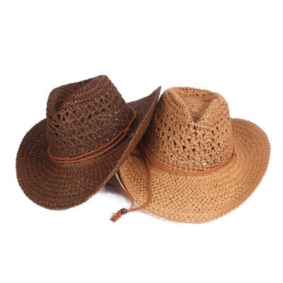 China Spring Cool And High Quality Cowboy Hat With Rope Summer Sunken Design Male Straw Hat Cool Large Brim Travel Sun Visor Hat for sale