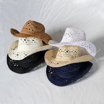 China New Hollowed Out Handwoven Straw Hat Men Unisex Sun Protection Cowboy Summer Rope Paper Covers Cool American High Quality Jazz Hat for sale