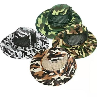 China Sun protection and decoration. Men's Camouflage Big Brim Mountaineering Bucket Hat Sun Shade With Rope All-match Sunscreen Windproof Fishing Hat Wholesale 2023 for sale