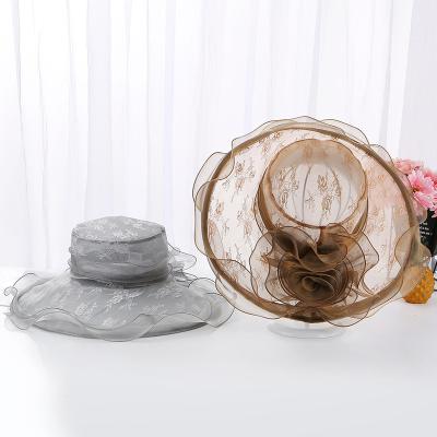 China Custom Made Women's European and American Style Lace Brim Big Flower Wavy-Brim Luxury Party Hat Church Beauty Light Weight European and American Style Party Hat for sale